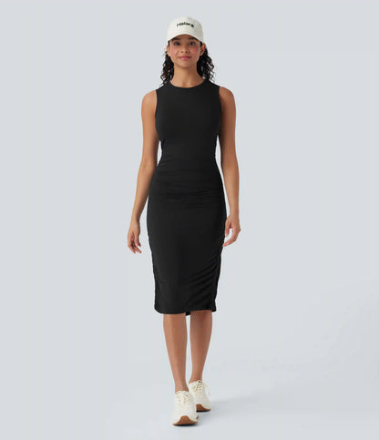 Round Neck Sleeveless Ruched Casual Bodycon Dress