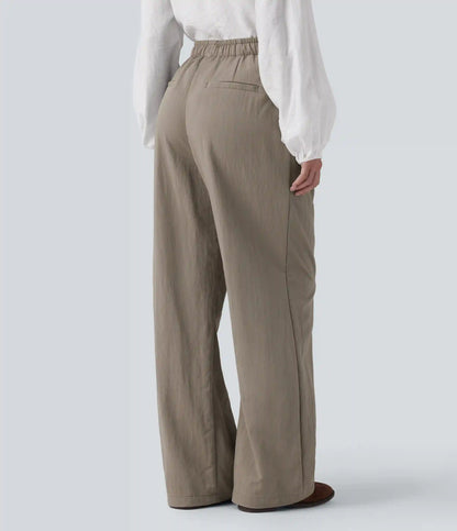 High Waisted Drawstring Straight Leg Work Pants with Pockets