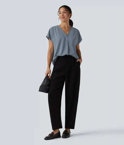Wrinkle Recovery V-neck Short Sleeve Oversized Work Blouse