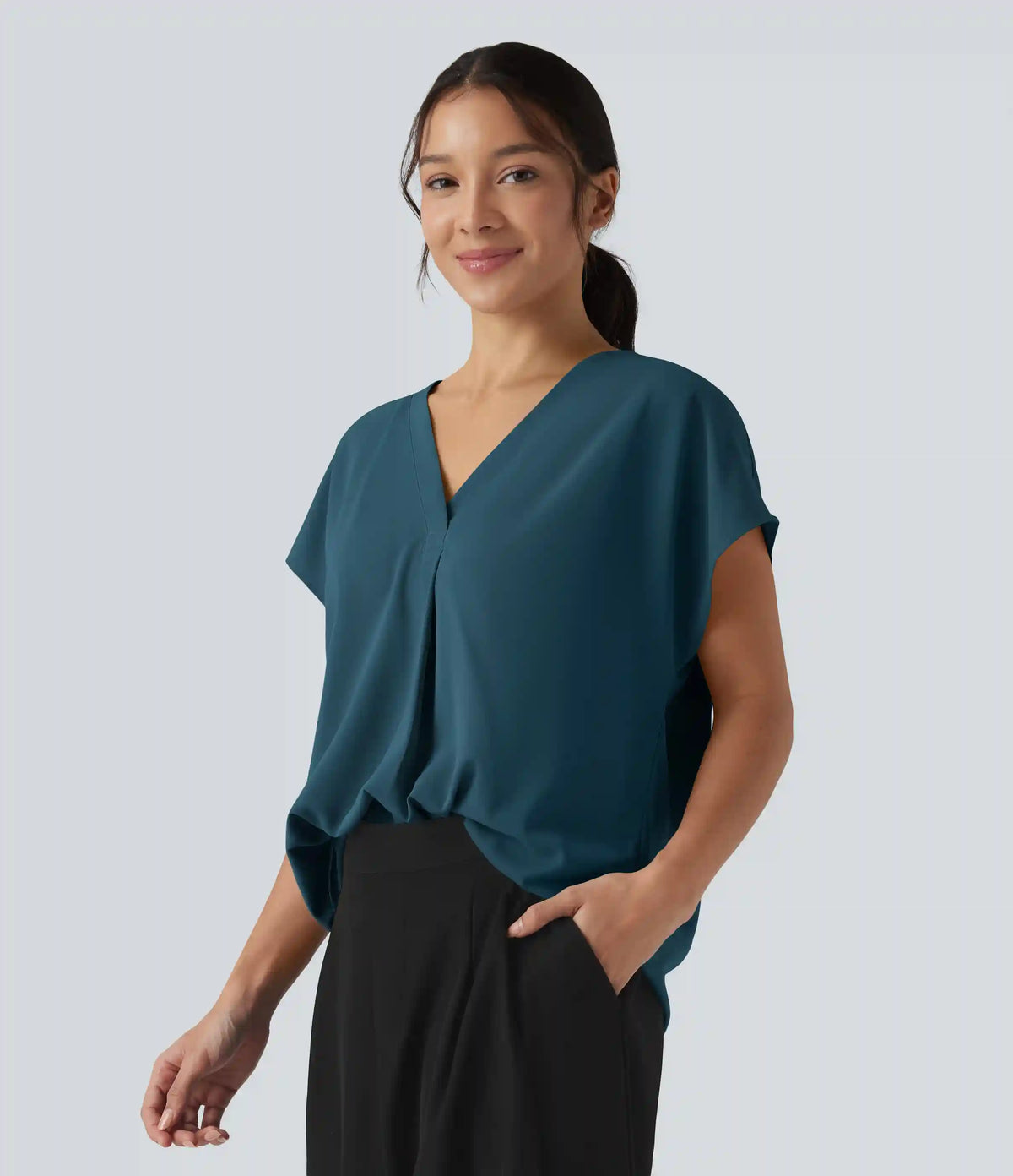 Wrinkle Recovery V-neck Short Sleeve Oversized Work Blouse