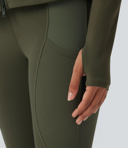 SoftlyZero™ Hooded Long Sleeve Thumb Hole Pleated Jacket with Pockets