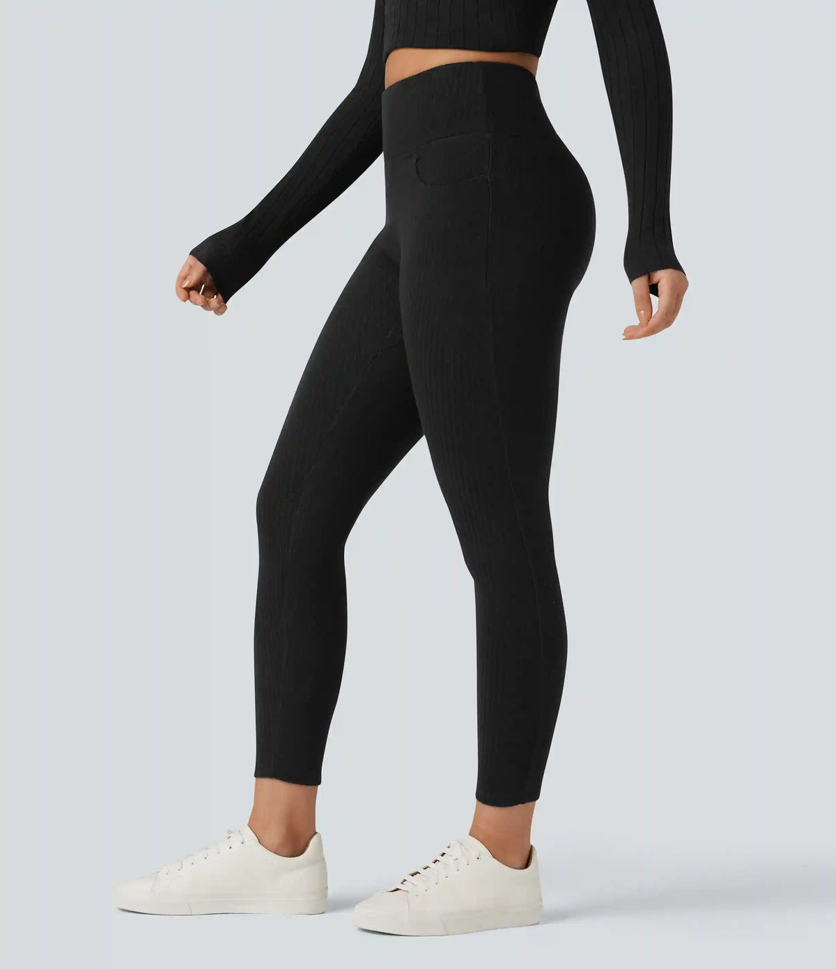 Ribbed Knit High Waisted Crisscross Back Casual Leggings with Pockets
