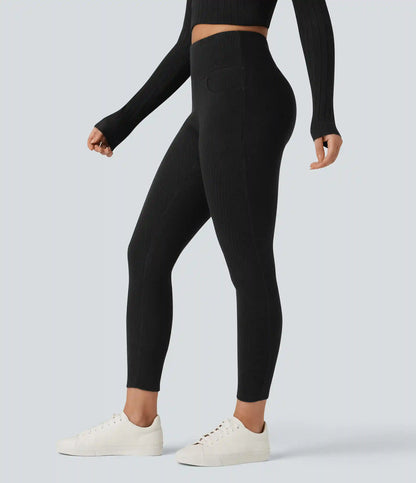 Ribbed Knit High Waisted Crisscross Back Casual Leggings with Pockets