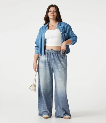 Plus Size Mid Rise Denim Print French Terry Casual Sweatpants Jeans with Pockets