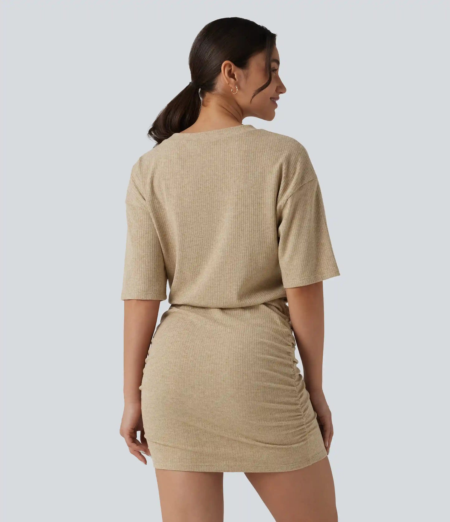 Ribbed Knit V Neck Short Sleeve Ruched Bodycon Mini Casual Dress