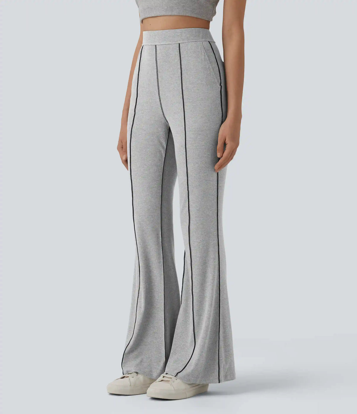 High Stretch Ribbed Knit High Waisted Color Block Top-stitching Casual Flare Leggings with Pockets