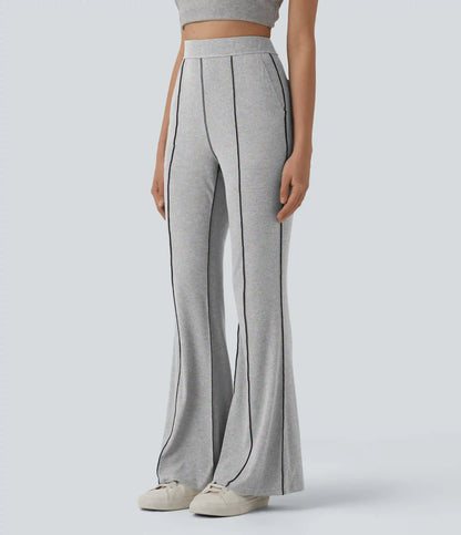 High Stretch Ribbed Knit High Waisted Color Block Top-stitching Casual Flare Leggings with Pockets