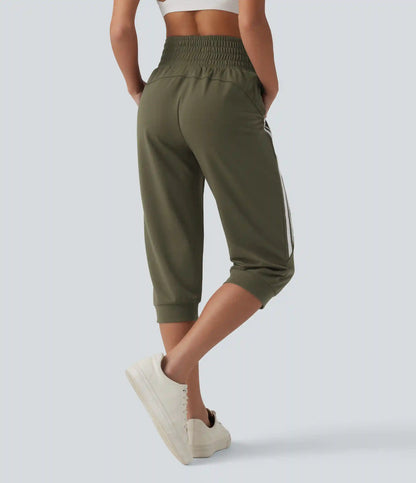 High Waisted Drawstring Stripe Capri Casual Joggers with Pockets