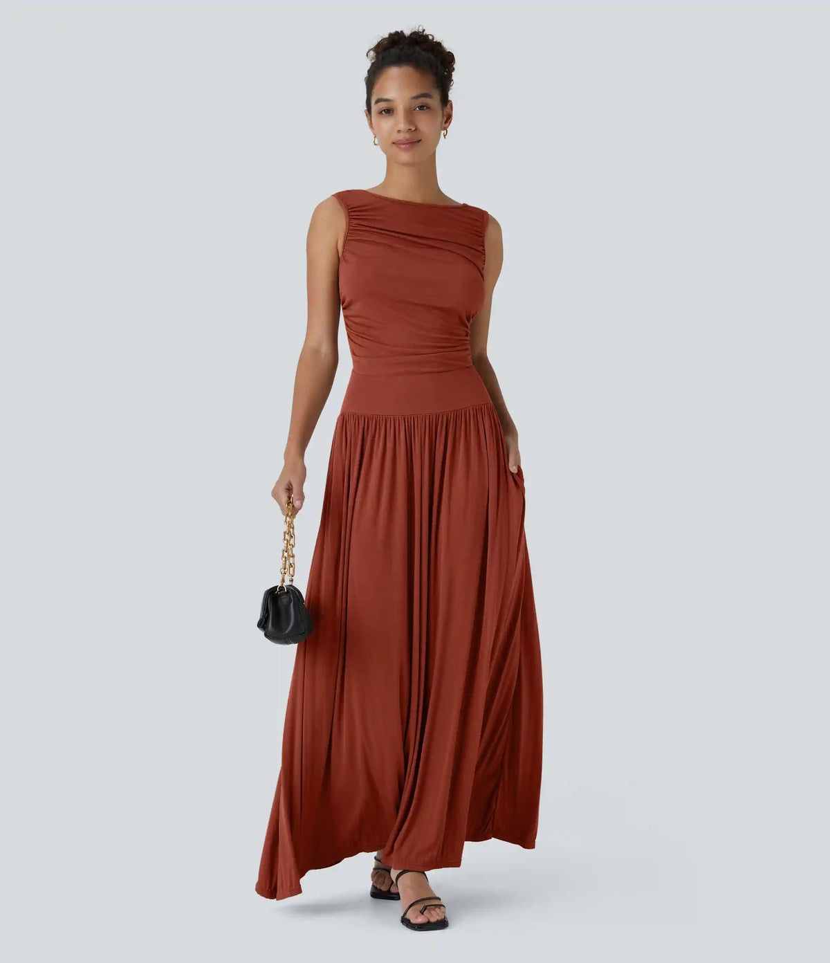 Ribbed Boat Neck Asymmetric Strap Ruched Pocket Flowy Maxi Casual Dress