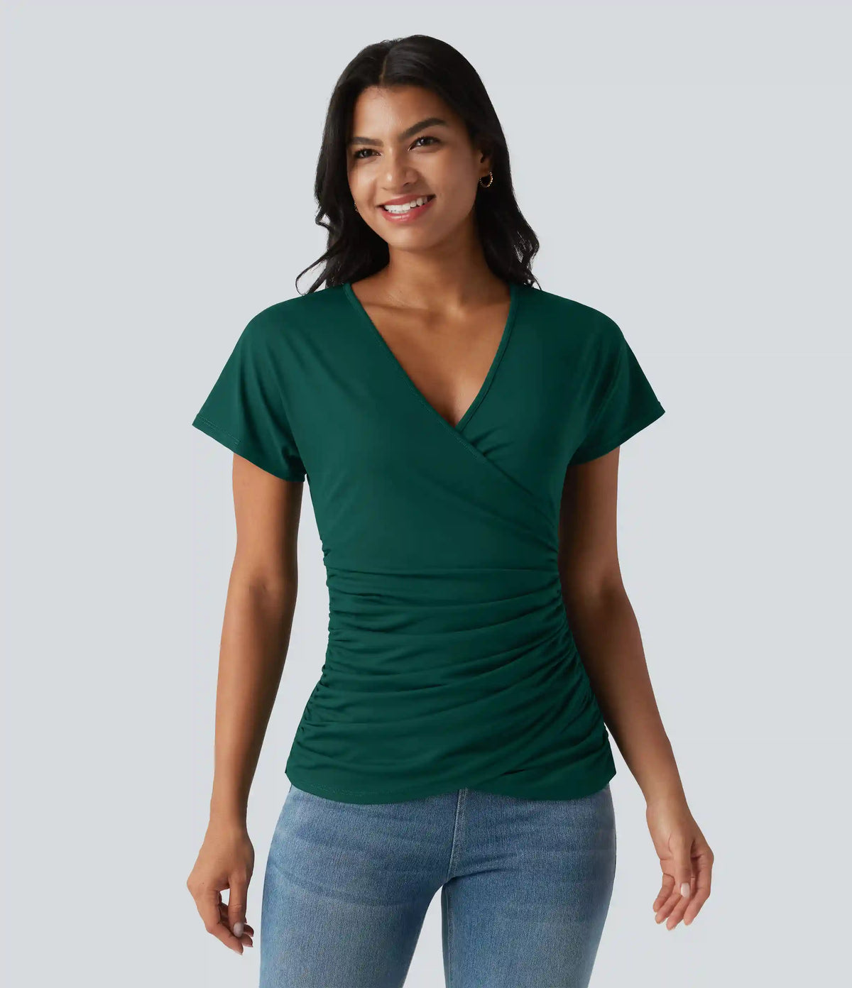V Neck Short Sleeve Ruched Casual Top