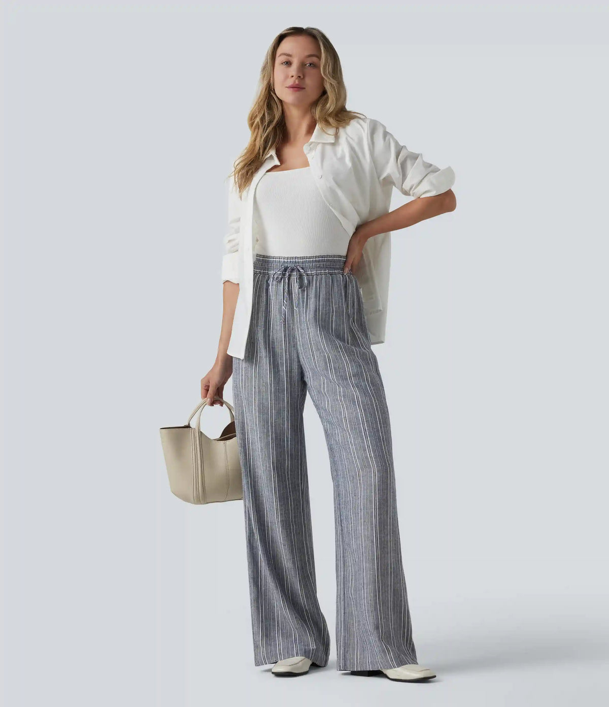 High Waisted Drawstring Stripes Linen Work Baggy Pants with Pockets