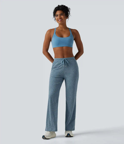 Mid Rise Drawstring Scrunch Heathered Yoga Bootcut Pants with Pockets