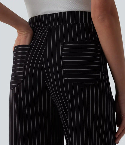 High Waisted Wide Leg Stripe Work Pants with Pockets