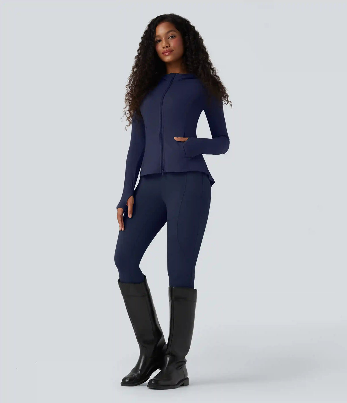 SoftlyZero™ Hooded Long Sleeve Thumb Hole Pleated Jacket with Pockets