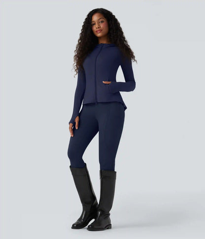 SoftlyZero™ Hooded Long Sleeve Thumb Hole Pleated Jacket with Pockets