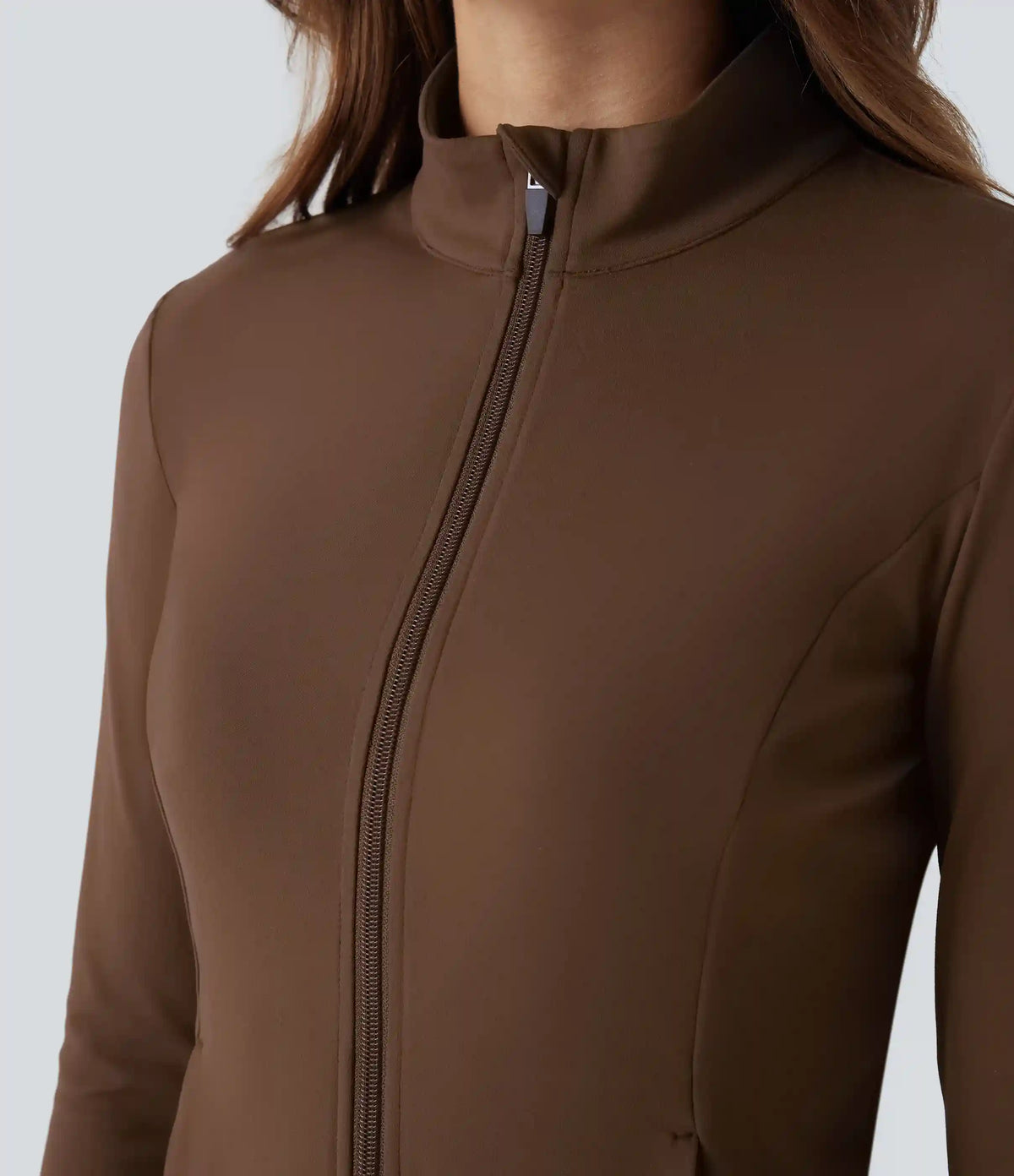 DayStretch Stand Collar Zipper Thumb Hole Ruffle Hem Slim Jacket with Pockets