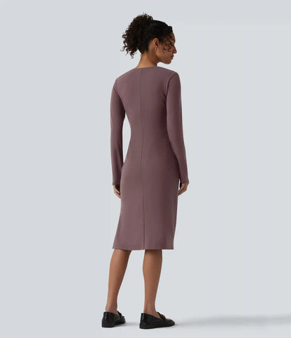 V-Neck Long Sleeve Ruched Split Midi Work Dress