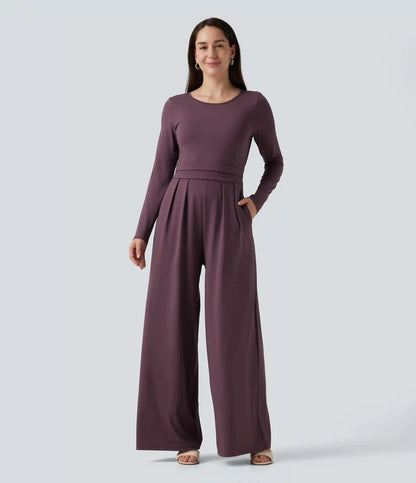 Round Neck Long Sleeve Wide Leg Casual Jumpsuit with Pockets-Easy Peezy Edition