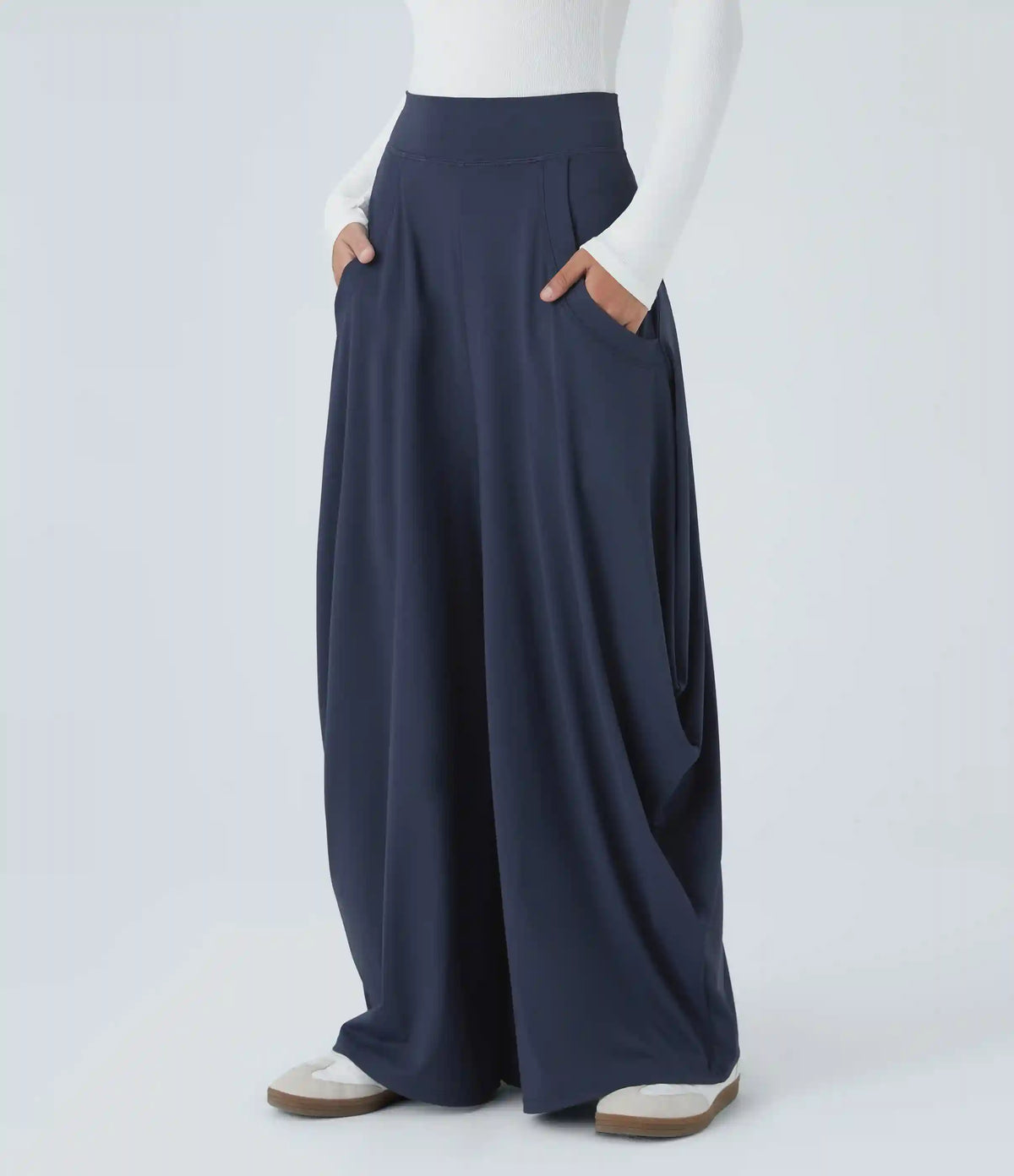 Mid Rise Pockets Draped Wide Leg Baggy Casual Pants