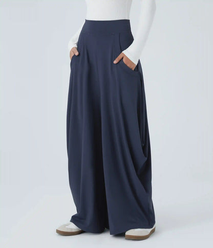 Mid Rise Pockets Draped Wide Leg Baggy Casual Pants