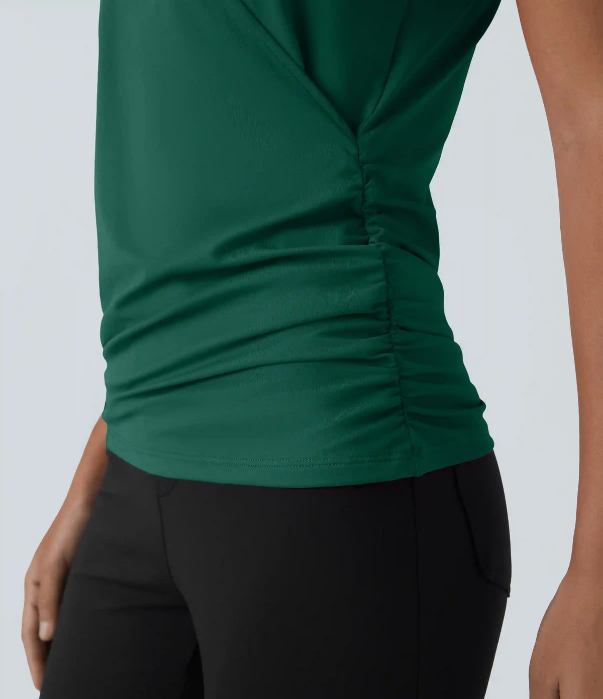V Neck Cap Sleeve Crossover Ruched Solid Work Blouse