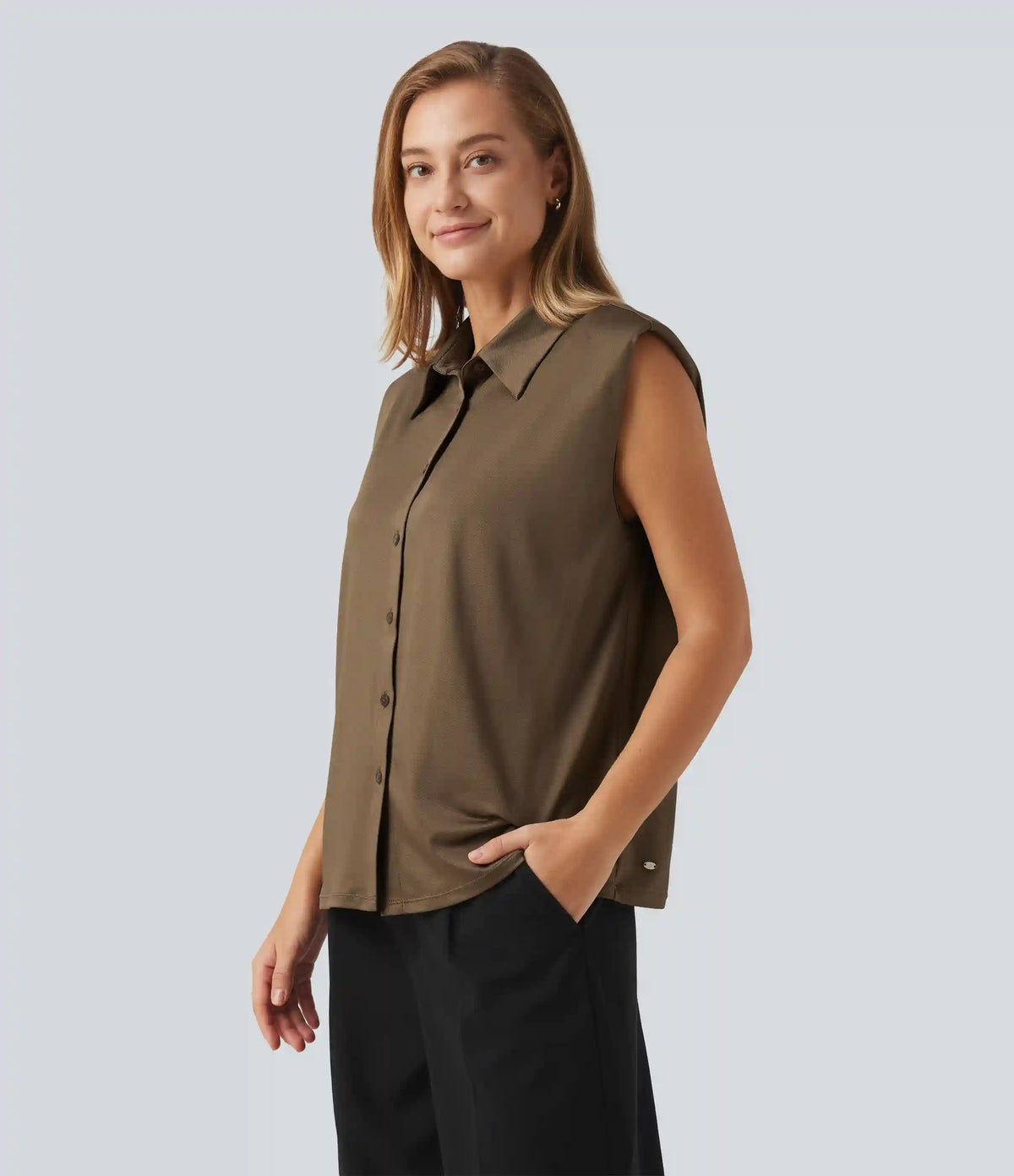 Sleeveless Button Up Boxy Work Shirt