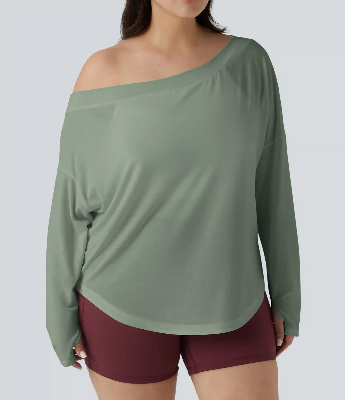 One Shoulder Long Sleeve Thumb Hole Curved Hem High Low Quick Dry Yoga Plus Size Sports Top-Built-in Bra