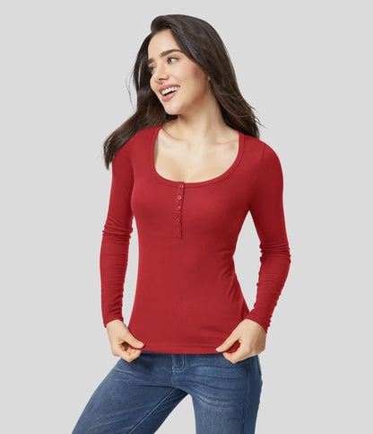 Ribbed Henley Neck Long Sleeve Slim Casual T-Shirt