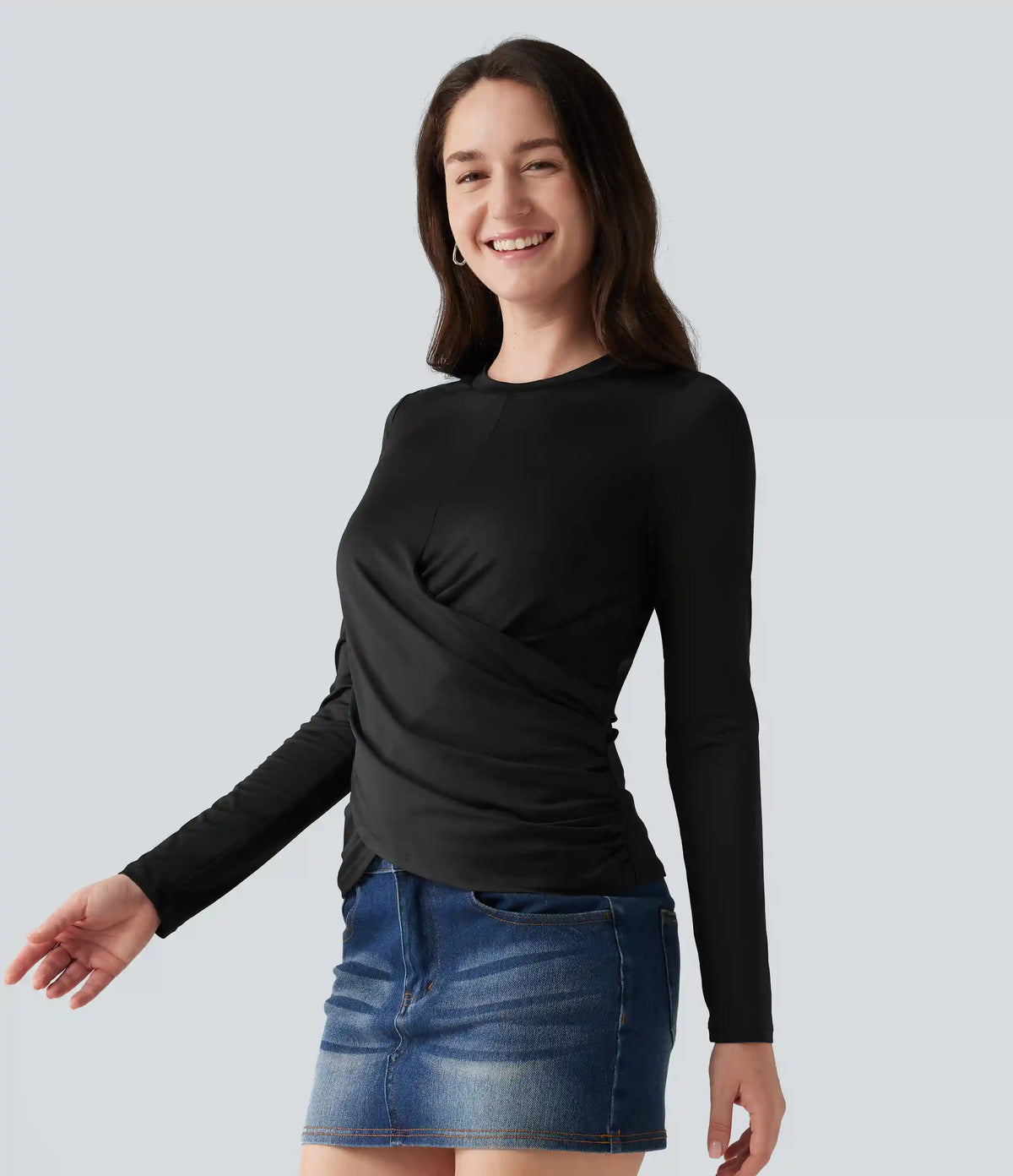 Round Neck Long Sleeve Crossover Hem Casual Top