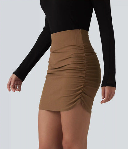 Ribbed High Waisted Tummy Control Ruched Curved Hem 2-in-1 Mini Bodycon Party Skirt