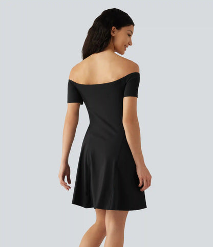 SoftlyZero™ Plush Off Shoulder Short Sleeve Built-in Bra Mini Casual Dress B-DD Cups