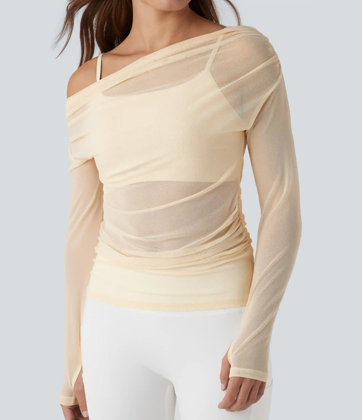 One-shoulder Long Sleeve Thumb Holes Ruched Mesh 2-in-1 Yoga Sports Top