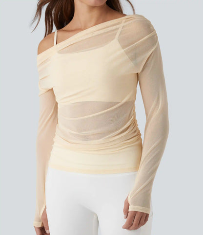 One-shoulder Long Sleeve Thumb Holes Ruched Mesh 2-in-1 Yoga Sports Top