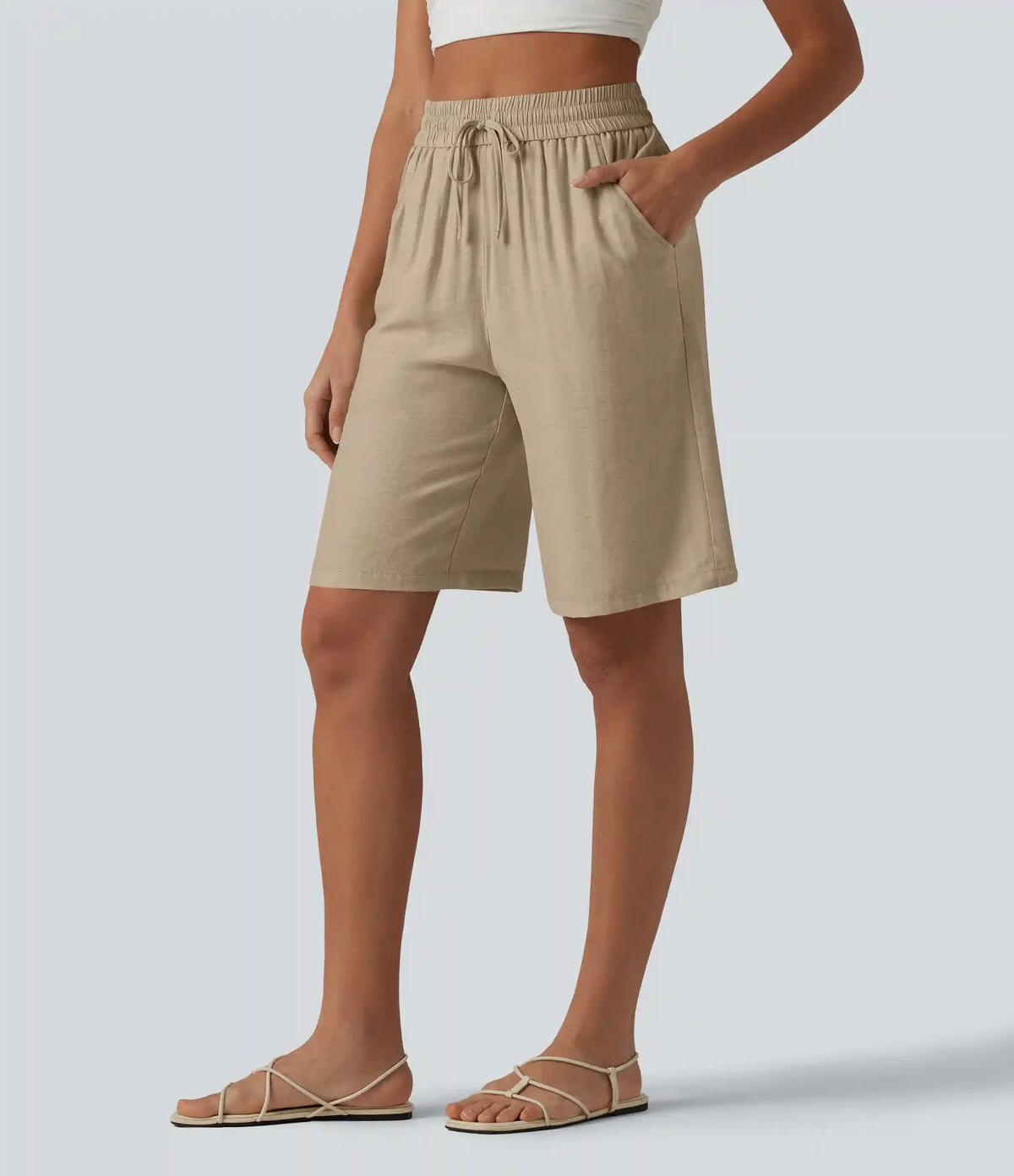 High Waisted Drawstring Casual Linen-Blend Bermuda Shorts 10'' with Pockets