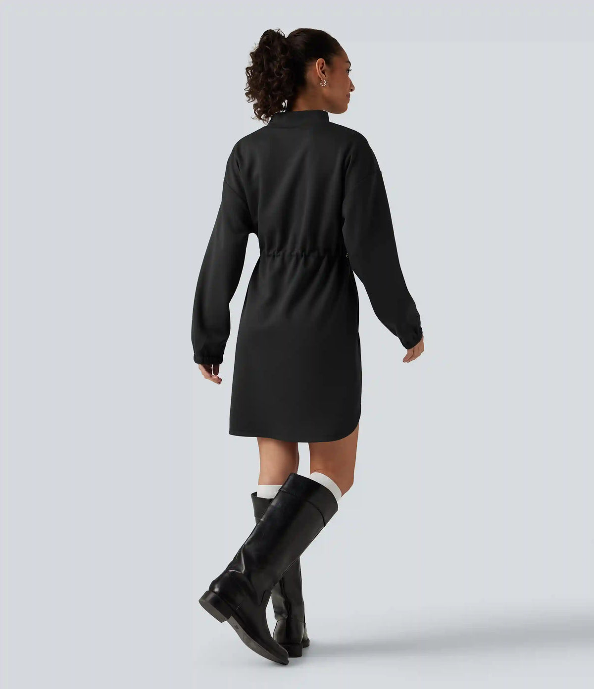 Mock Neck Drawstring Long Sleeve Mini Casual Dress with Pockets