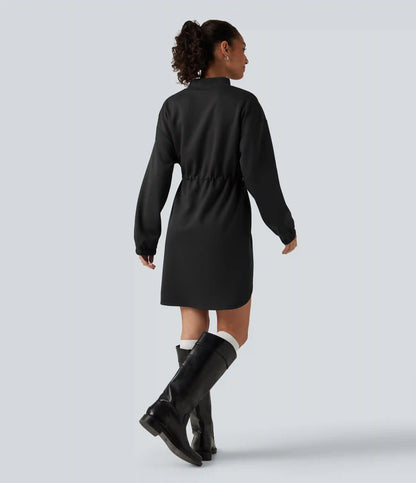 Mock Neck Drawstring Long Sleeve Mini Casual Dress with Pockets