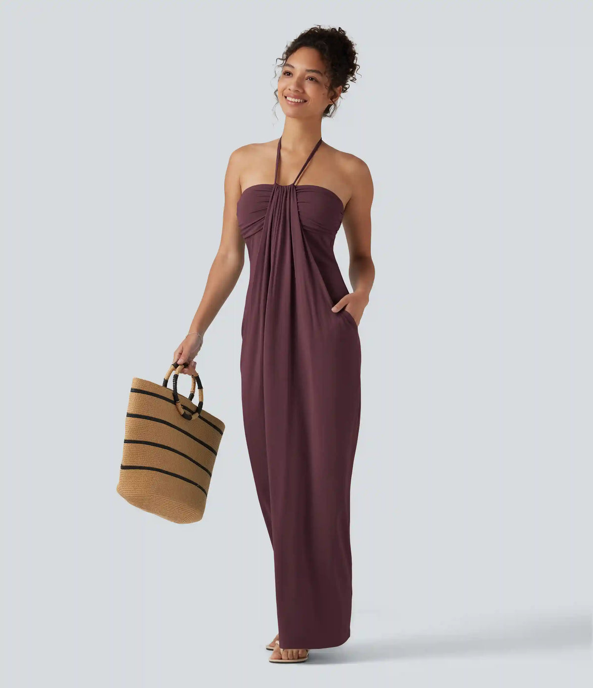 Halter Tie Back Built-in Bra Maxi Dress with Pockets
