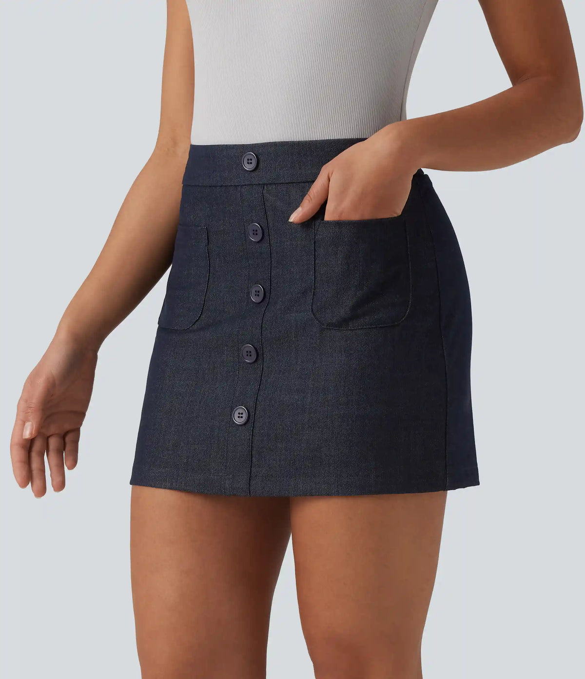High Waisted Invisible Zipper 2-in-1 Denim Like Bodycon Mini Casual Skirt with Pockets