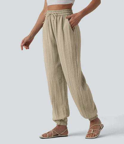 High Waisted Drawstring Wide Leg Casual Linen-Feel Joggers with Pockets