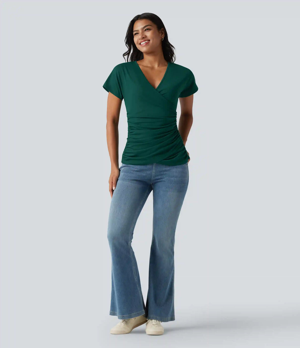 V Neck Short Sleeve Ruched Casual Top