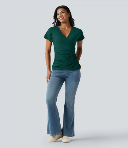 V Neck Short Sleeve Ruched Casual Top