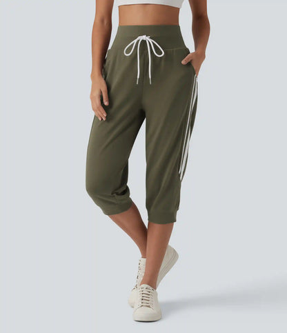 High Waisted Drawstring Stripe Capri Casual Joggers with Pockets