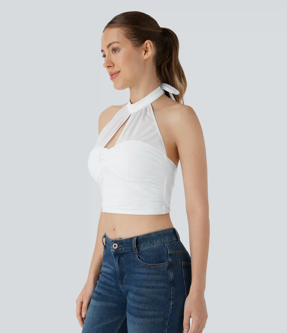 Halter Tie Back Cut Out Contrast Mesh Cropped Casual Top