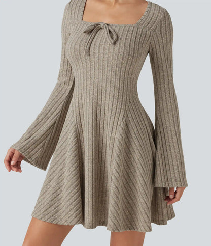 Ribbed Knit Square Neck Flounce Long Sleeve Decorative Knot Flare Mini Casual Dress