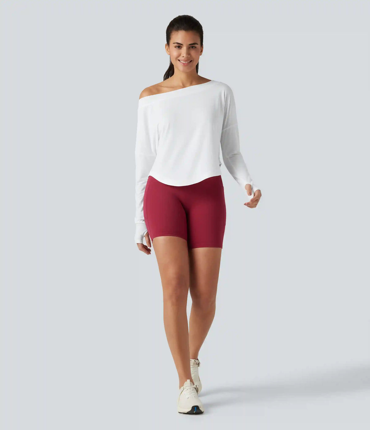 One Shoulder Long Sleeve Thumb Hole Curved Hem High Low Quick Dry Yoga Sports Top