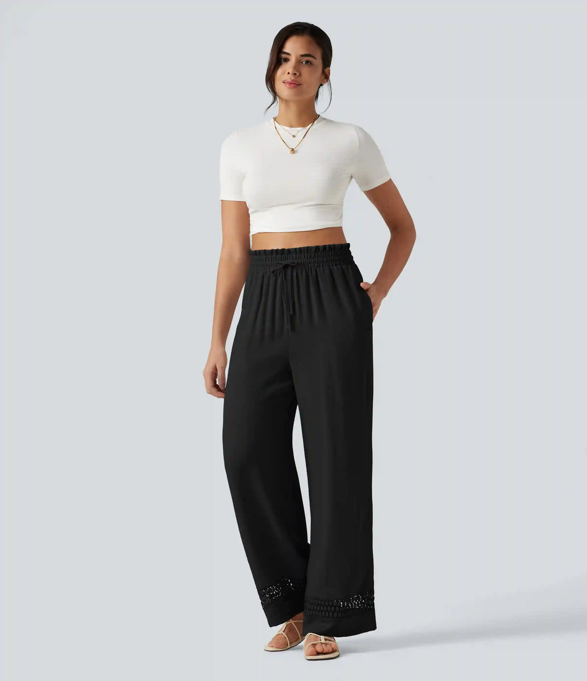 High Waisted Drawstring Casual Linen-Feel Pants with Pockets
