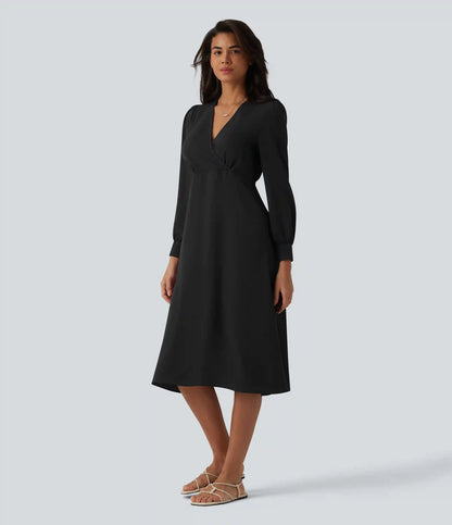 V-neck Puff Long Sleeve Midi Casual Dress