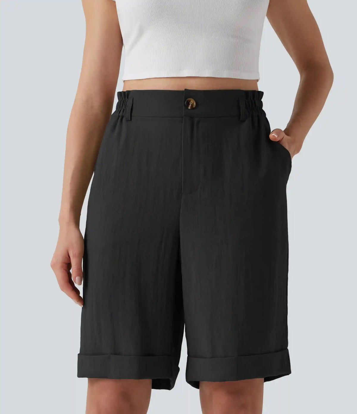 High Waisted Rolled Hem Linen-Feel Resort Bermuda Shorts 10'' with Pockets