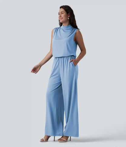 Stand Collar Sleeveless Straight Leg Bridesmaid And Wedding Guest Jumpsuit with Pockets-Easy Peezy