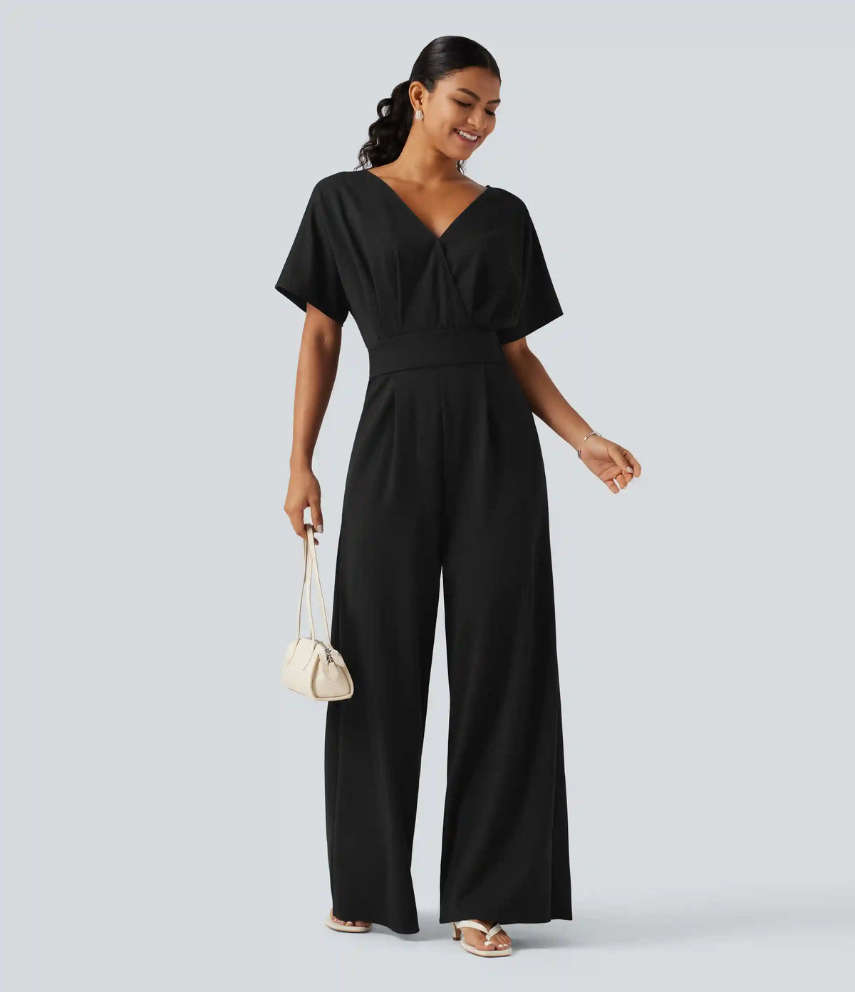 V Neck Short Sleeve Ruched Wide Leg Casual Jumpsuit with Pockets -Easy Peezy Edition
